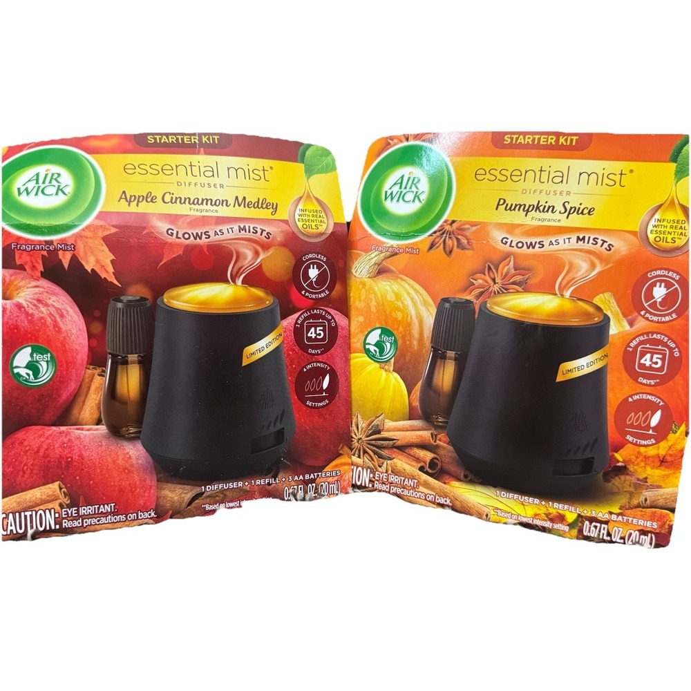 Air Wick Essential Mist Diffuser Kit Lot 2 Apple Cinnamon And‎ Pumpkin Spice